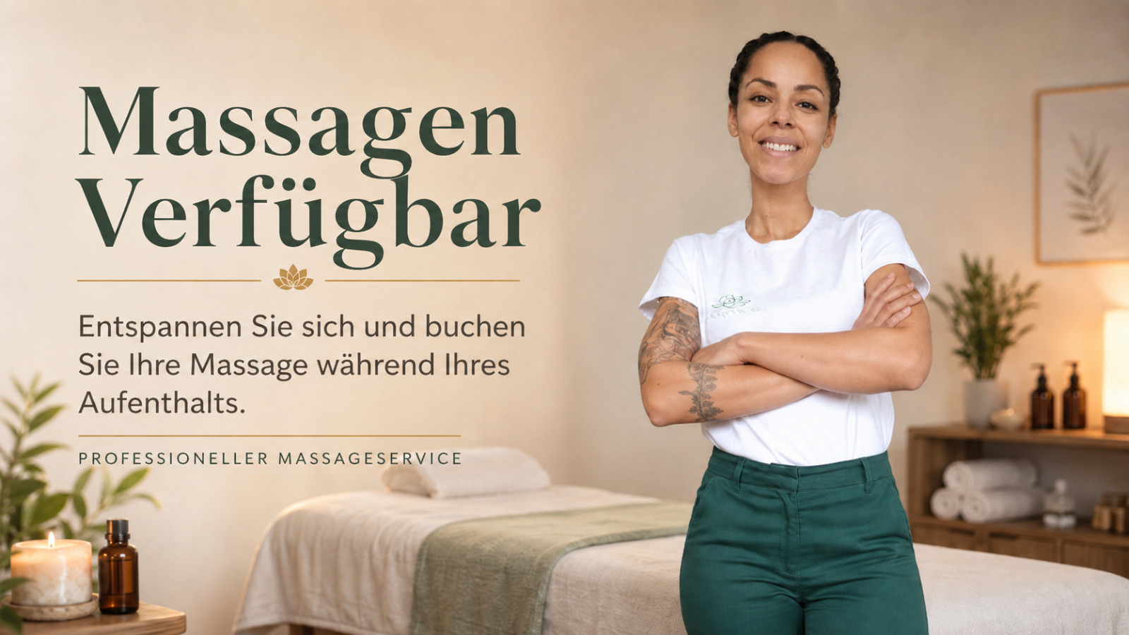 Masseurin im Massageraum der Villa Johannes, dahinter die bezogene Massageliege und bereitgelegte Handtücher