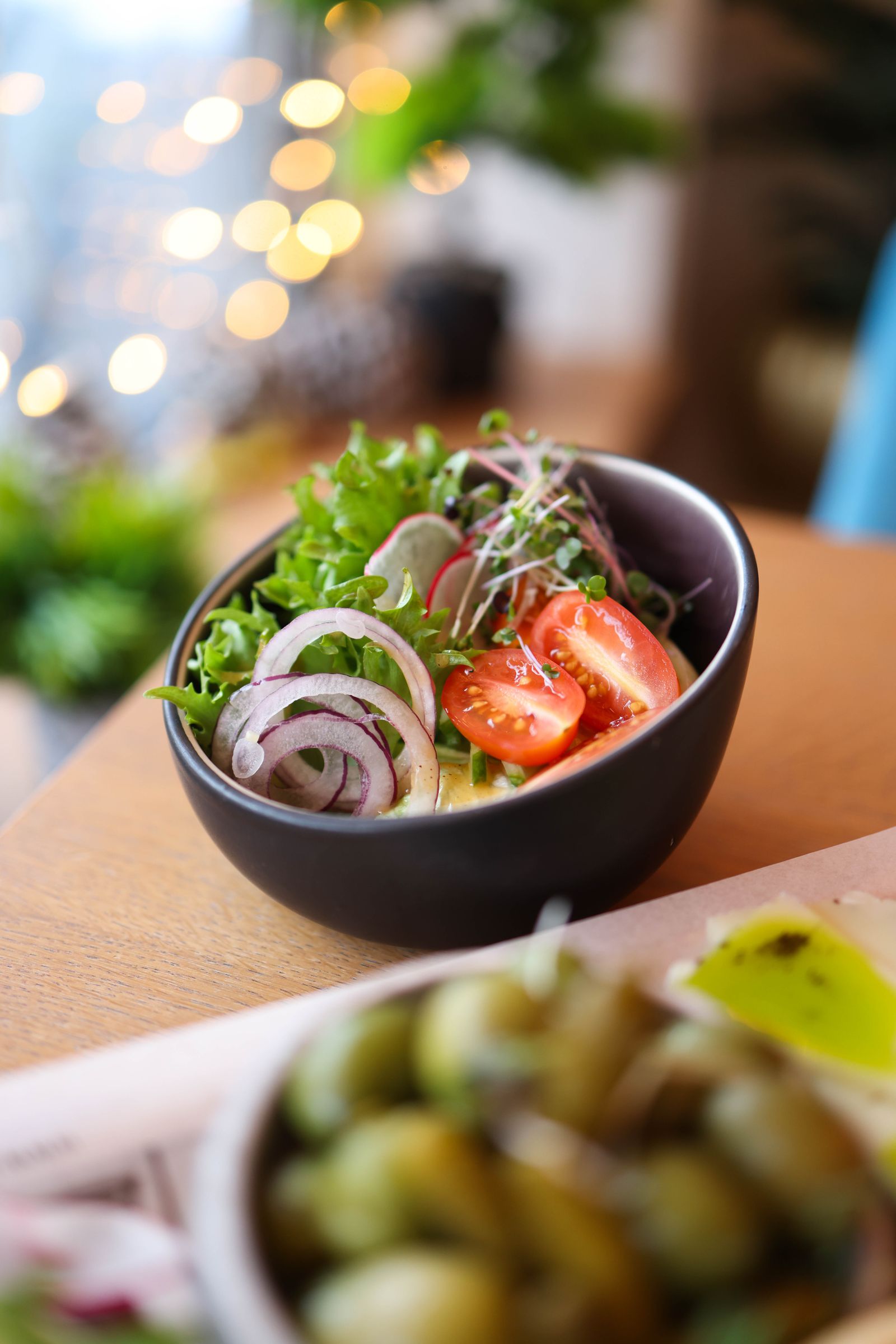 Gemischter Blattsalat mit Tomaten, roten Zwiebeln und Radieschen in einer dunklen Schale
