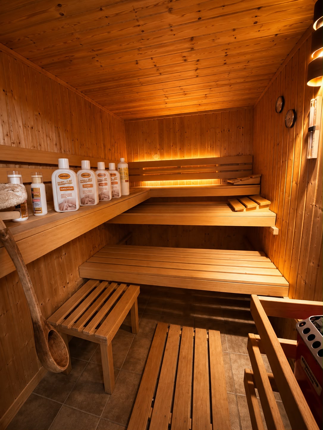 Die Sauna der Villa Johannes mit Holzbänken, Saunaofen und warmem Licht